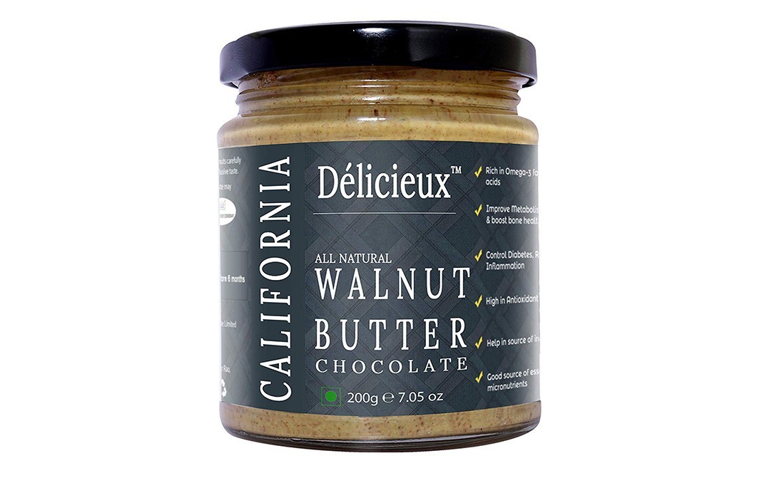 Delicieux All Natural California Walnut Butter, Chocolate   Glass Jar  200 grams